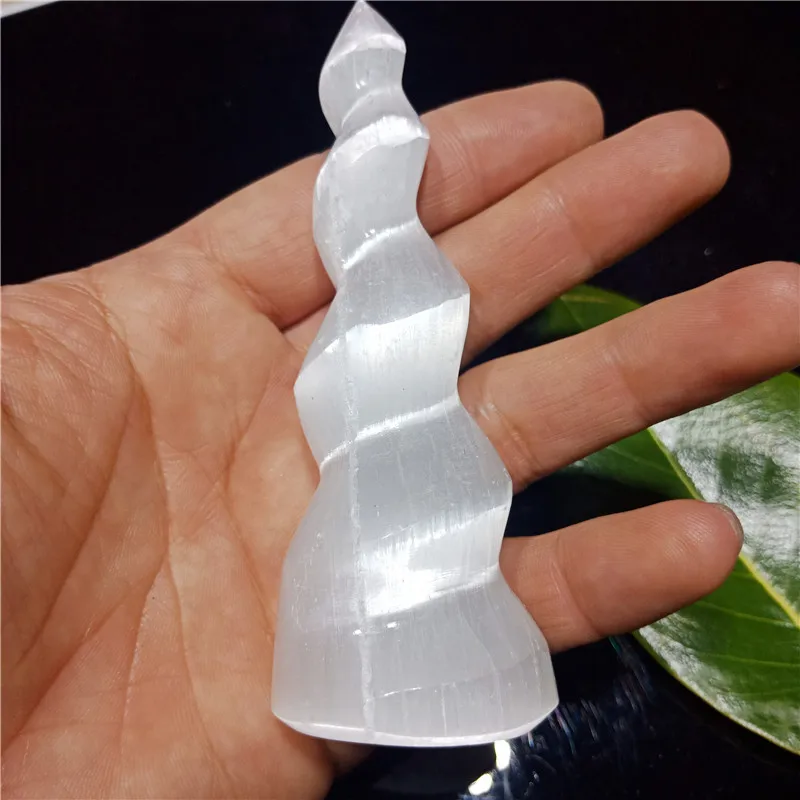 Natural Selenite spiral Unicorn Horn Carving Satin Spar Crystal Gemstone Reiki Healing raw white gypsum stone massager | Дом и сад