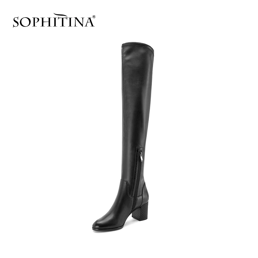 SOPHITINA/Элегантная женская обувь на весну и осень. Женские ботфорты из натуральной кожи и качественной стрейчевой искуственной кожи.Модные высокие сапоги с молнием до середины голенища на среднем толстом каблуке. B77