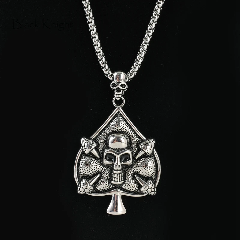 

Vintage silver color Big Skull Spade pendant necklace mens cool stainless steel Spade skull Gothetic punk necklace BLKN0747