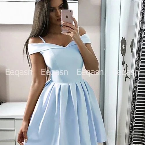 picture color Детские розовые короткие коктейльные платья линия от плеча мини-Женские Выпускные платья атласное платье для вечеринки дешевые халат de коктейльное - Цвет: picture color
