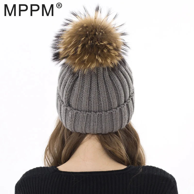 MPPM шапка из натурального меха вязаная с помпоном енота женская зимняя шерстяная
