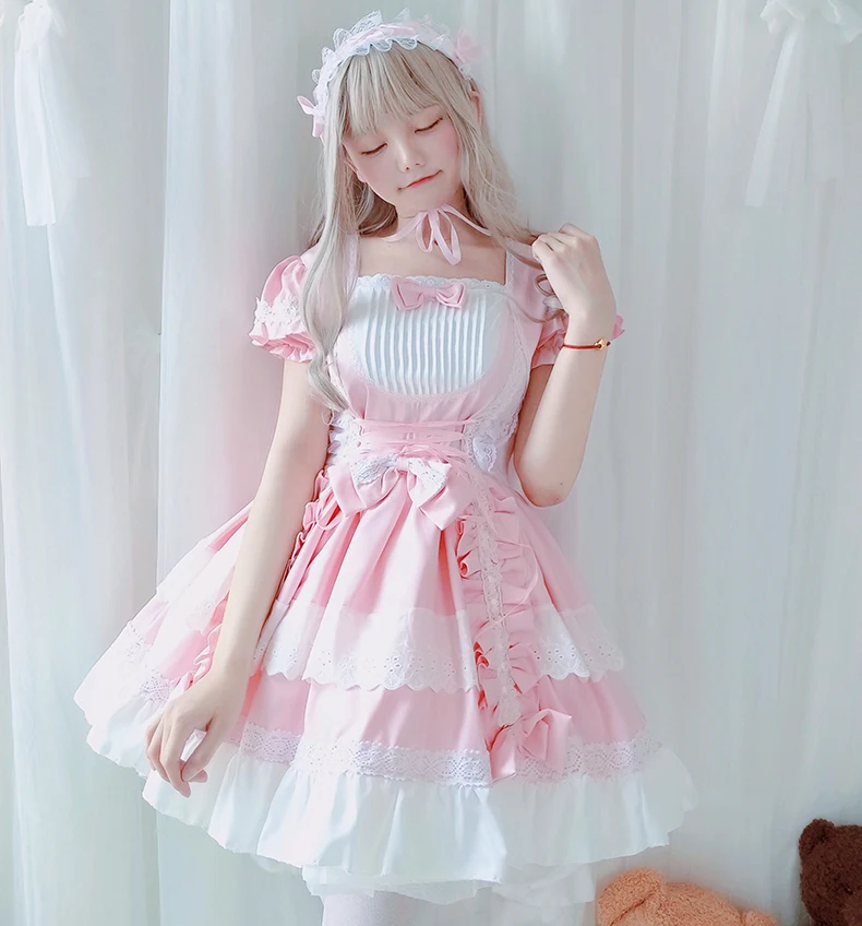 Harajuku ретро АО Милая Кружевная отделка платье с бантом японская Сладкая Лолита