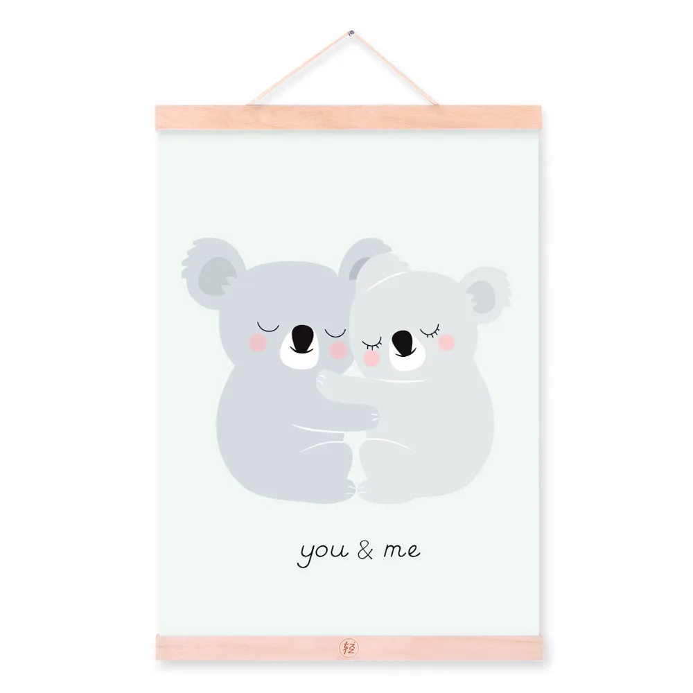 Kawaii, Мультяшные животные, олень, медведь, собака, деревянная рамка, холст, живопись, скандинавские, для детской комнаты, настенные художественные плакаты, домашний декор, картина, Свиток - Цвет: Koala