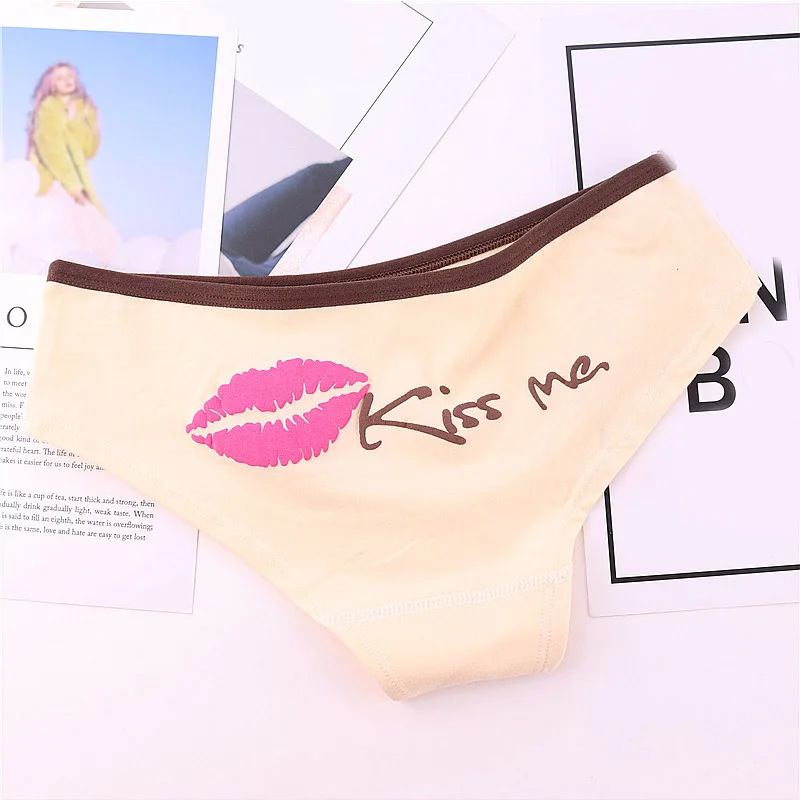 beige Лидер продаж, трусы с буквенным принтом «Kiss Me» для девочек, нижнее белье, хлопковое нижнее белье ярких цветов - Цвет: beige