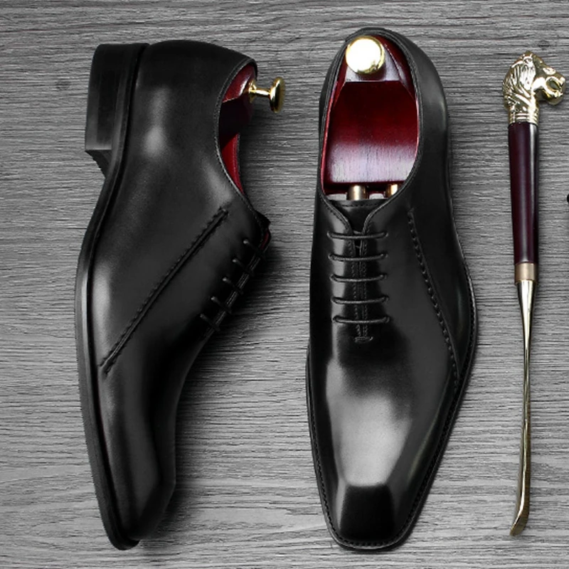 

High Quality Man Wedding Dress Shoes Luxury Genuine Leather Oxfords Square Toe Formal Designer Men's Prom Party Flats SS334