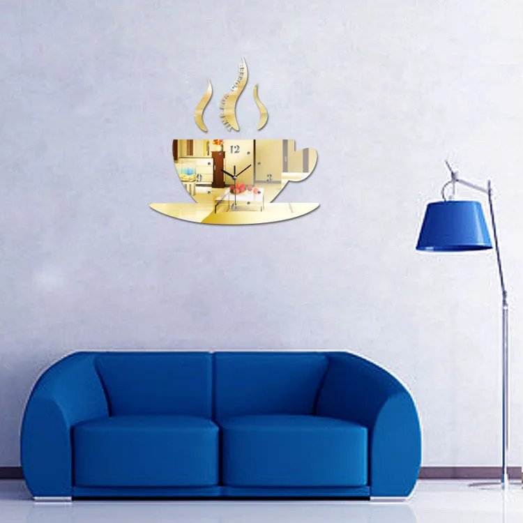 Современный дизайн настенные часы форма кофейной чашки DIY зеркальные стикеры