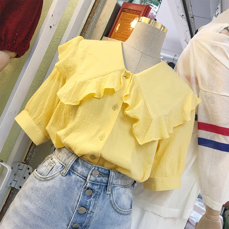 Vogue Single-breasted turndown collar Shirts Short Sleeve Korean Style Women Blusas Mujer De Moda 2018 Summer Blouses Femme Tops |