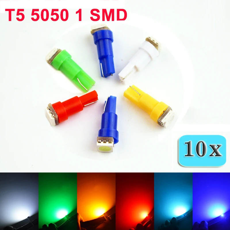 Flytop 10 шт. T5 5050 1 SMD СВЕТОДИОДНЫЙ Автомобильный светильник 12 в 6 цветов