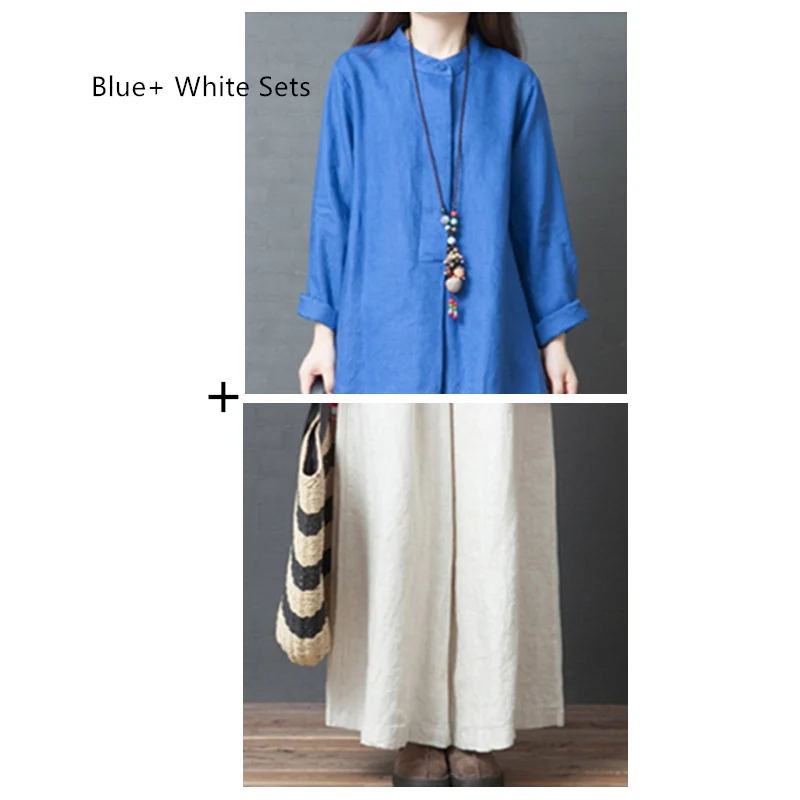 Blue x White Женские комплекты больших размеров, комплект из двух предметов, рубашка миди, топы+ свободные повседневные Широкие штаны, женские хлопковые льняные костюмы с длинным рукавом - Цвет: Blue x White