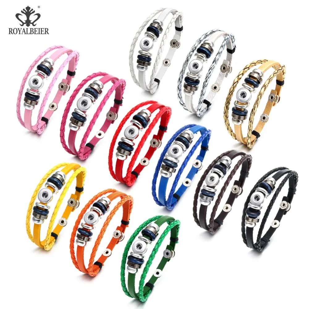 

ROYALBEIER 1pcs Snap Button Bracelet Leather Bracelet 12mm Snap Buttons Retro Handmade Braided Leather Cuff Bangles Jewelry