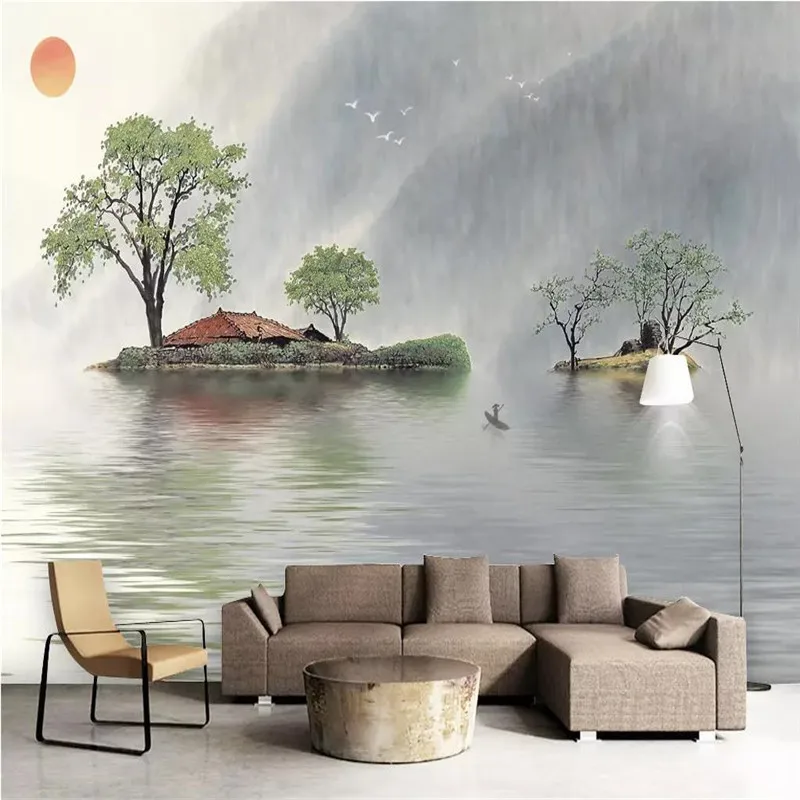 

Пользовательские 3d обои Новый китайский стиль настроение отражение свежие чернила пейзаж диван фон стены большая роспись