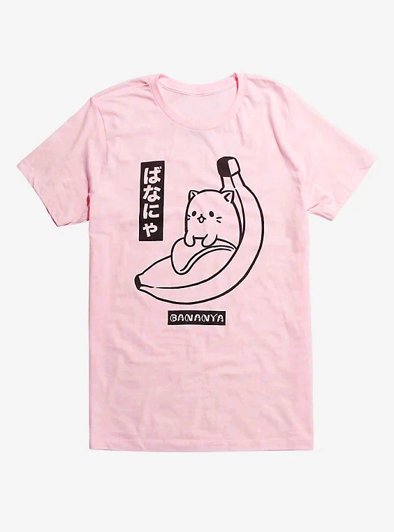 Pink-black txt Bananya футболка винтажная Эстетическая tumblr Женская гранж хлопок банан кошка harajuku camisetas Графический унисекс Цитата Топ Футболка - Цвет: Pink-black txt