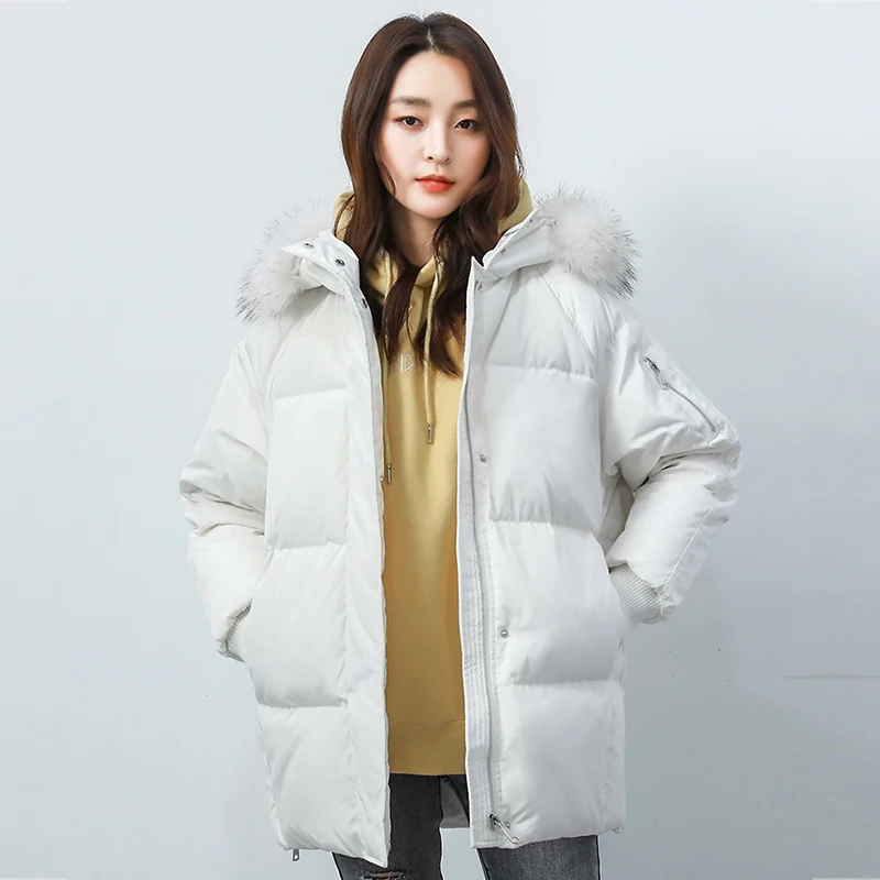 Женский пуховик с капюшоном Зимняя парка мехом 90% пуха белой утки длинная верхняя