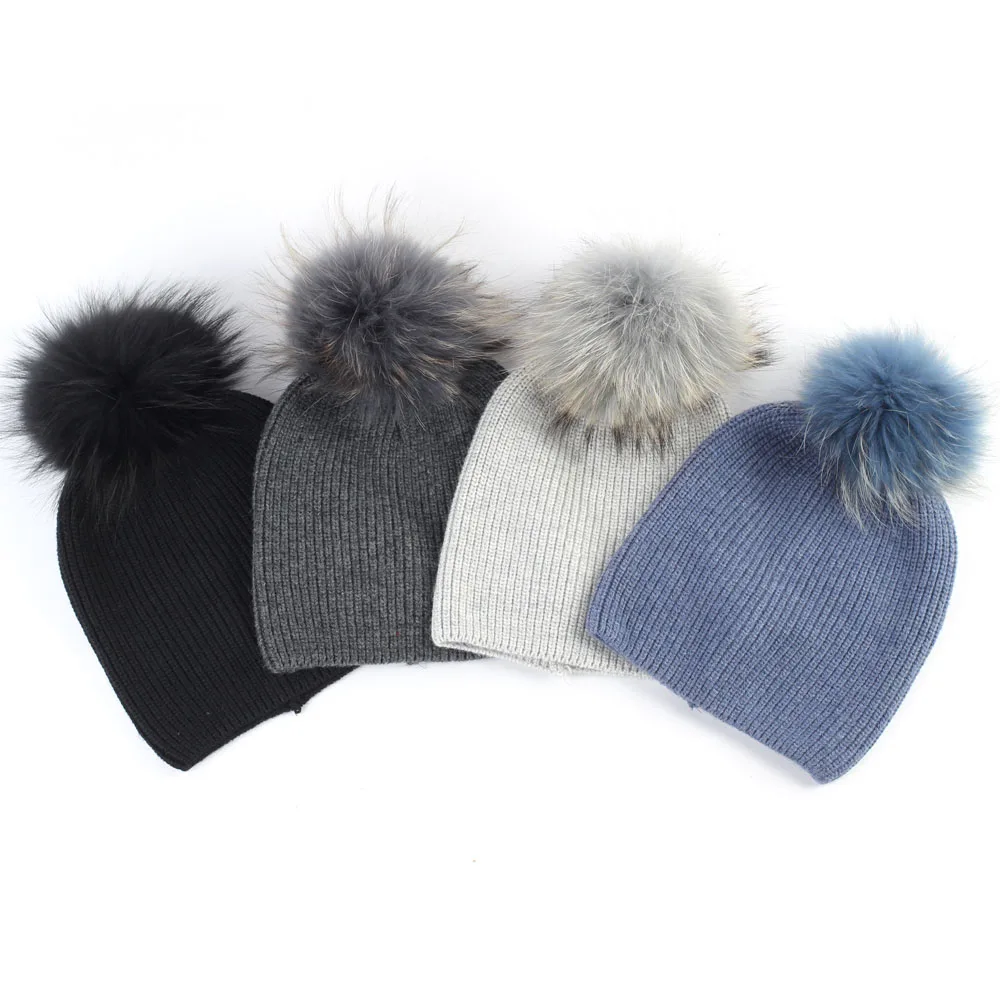 Женская вязаная шапка с помпоном из енота зимняя кашемировая свободная