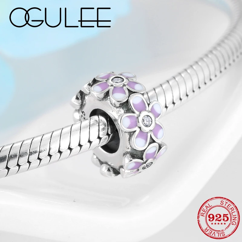 Round Enamel Flowers European Vintage stopper spacer Beads Fit Original Women Bracelet Authentic Silver 925 Charms Diy Jewelry | Украшения
