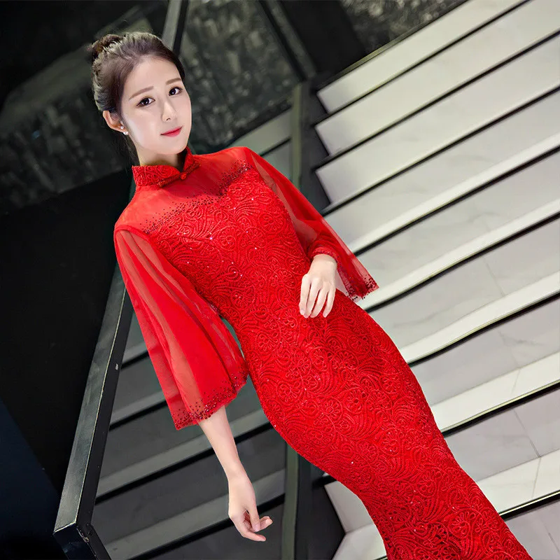 Длинное китайское свадебное платье для женщин модное вечернее Qipao в традиционном