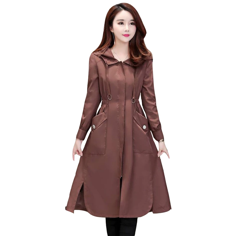 

2020 Spring Autumn Classic Long Trench Coat Women Casual Thin Windbreaker Female Hooded slim slimming Overcoat pullover Coat