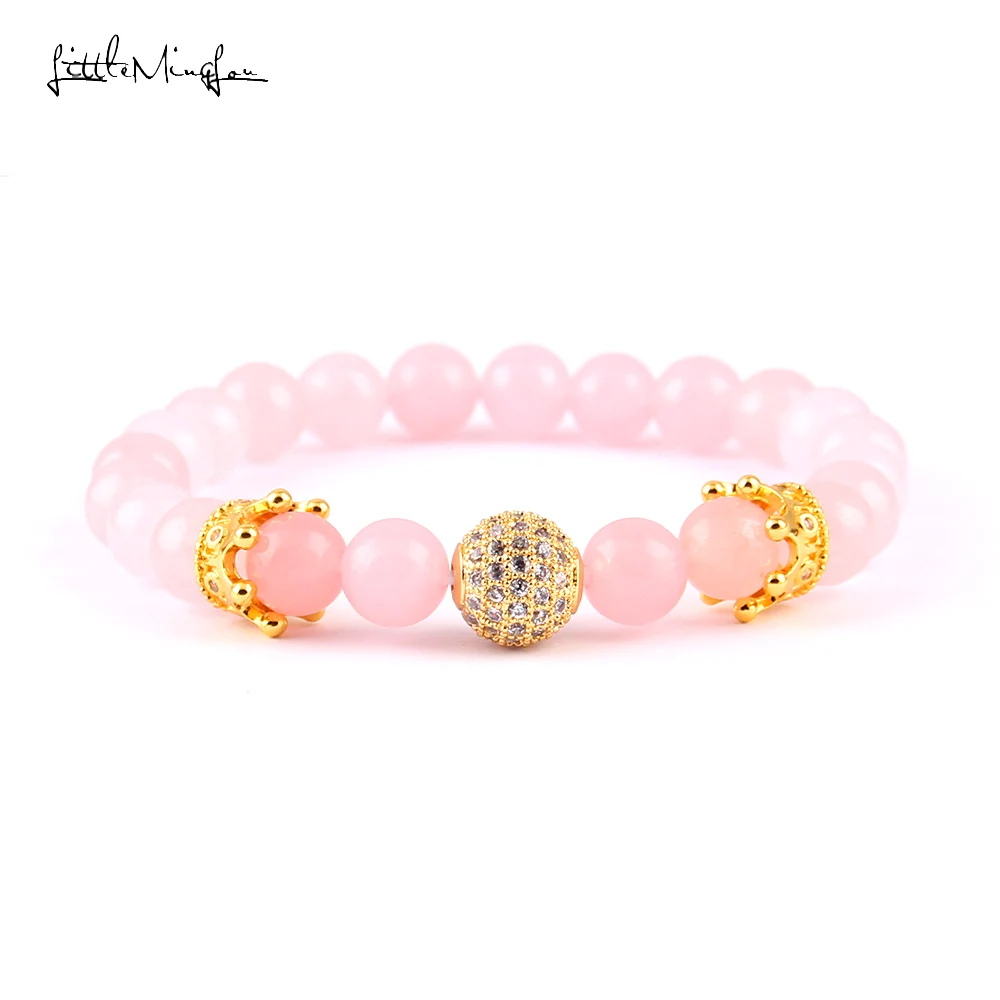 Маленький браслет MingLou из розового кварца с бусинами 8 мм шармами в виде шара и