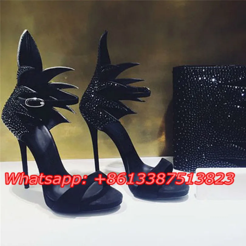 Черный Замши Страз Кристалл Колин Сандалии Peep Toe Платформа Лодыжки Ремень Мелкой