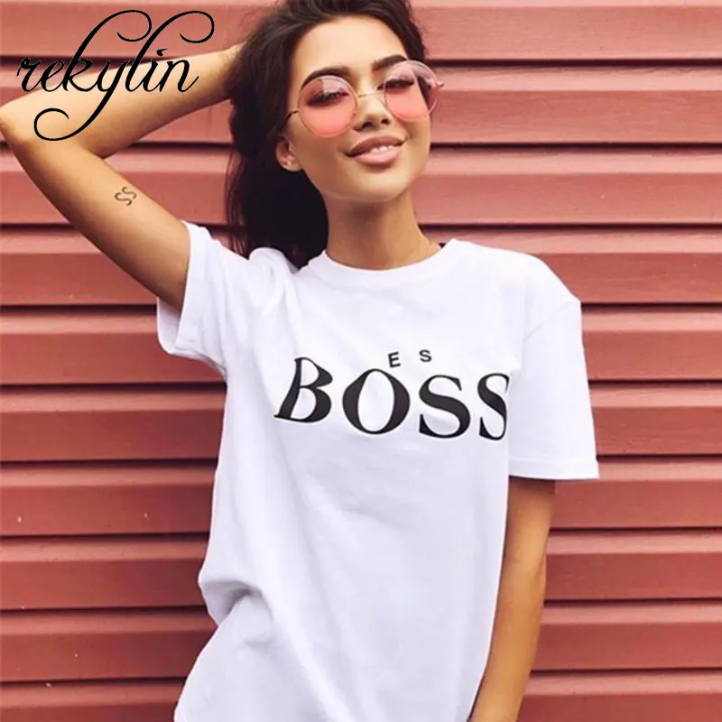 Yes футболка с надписью Boss женская коротким рукавом и круглым вырезом свободная