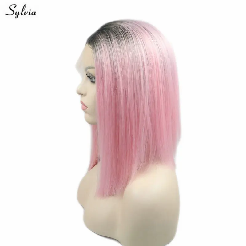 Sylvia Heat Resistant Fiber Dark Roots Pink Wig Short Straight Bob Synthetic Lace Front For Women Cosplay Middle Part | Шиньоны и