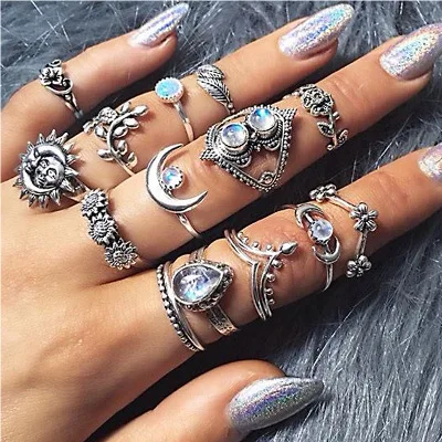 

Europe and America Water Drops Flowers Sunflower Moon Sun Fourteen Rings Openwork Carved Crystal Ring Set