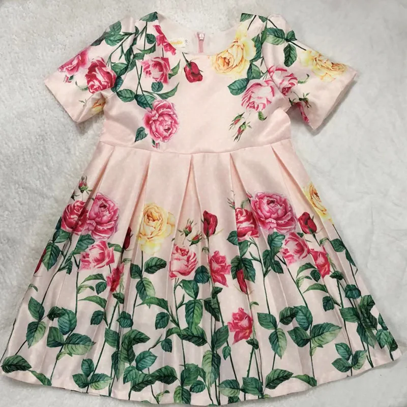 2019 Spring Autumn New Pretty Girl Dress Flower Pleated Satin Short-sleeved Print Dresses Girls Children Party | Детская одежда и