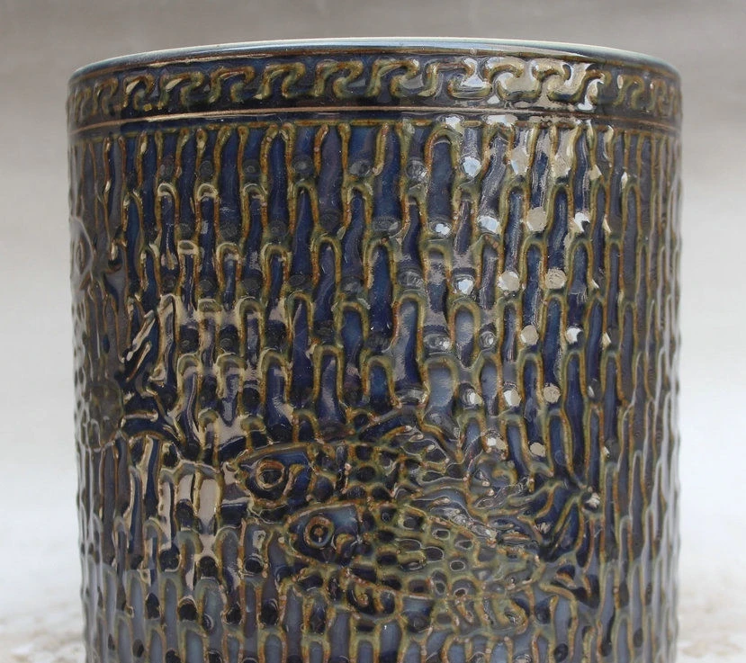 9 &quotКитай Дворец синий фарфор животных рыбы Барракуда круглая щетка горшок