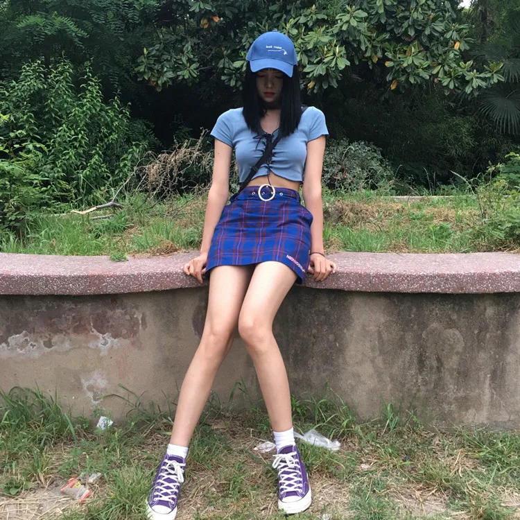 2 цвета, милая Корейская уличная юбка kpop, синяя и розовая клетчатая юбка с вышивкой Луны, Мини Короткая Женская юбка с высокой талией