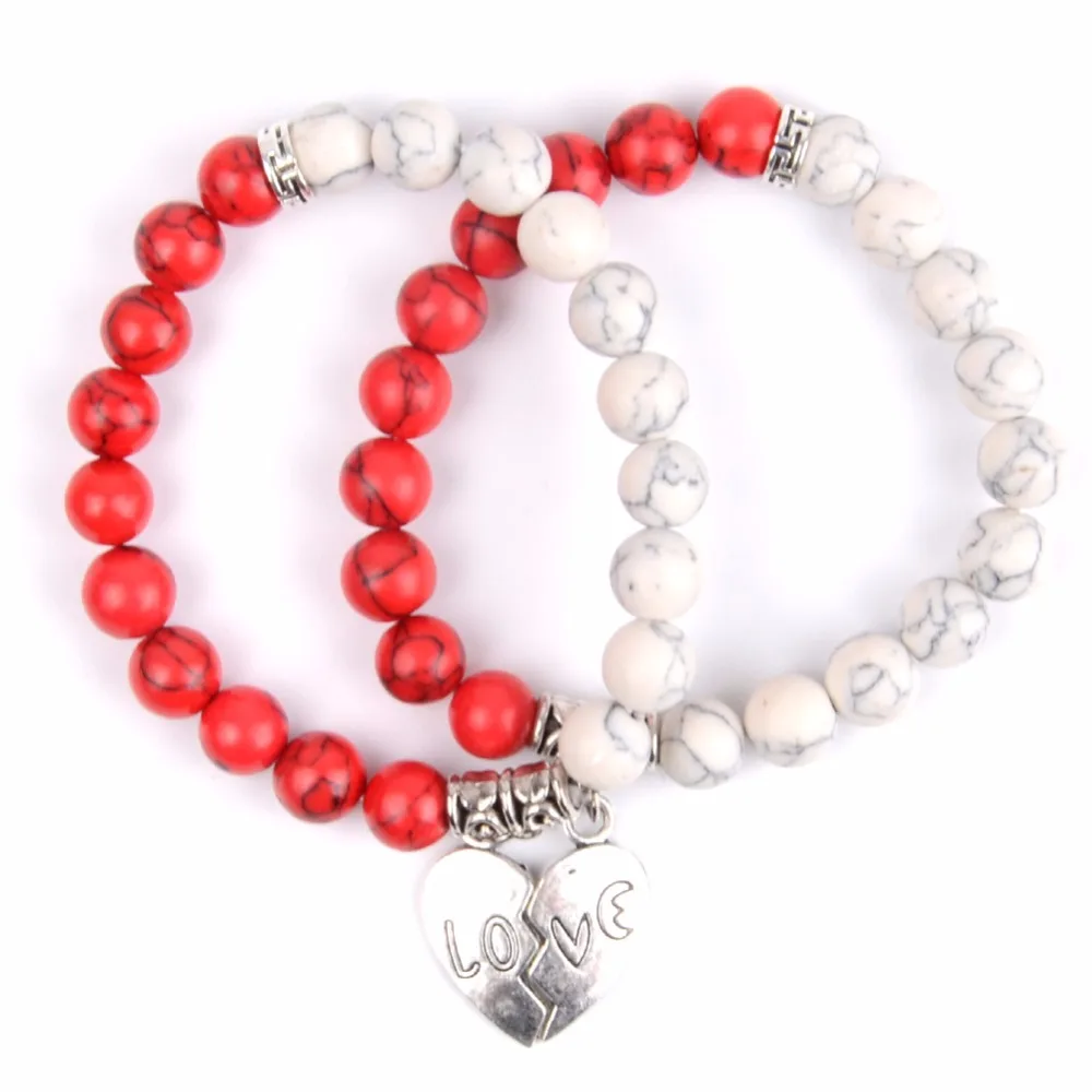 Браслеты Trendy Lover для пар, синтетические, белые/красные, бусины из турмалинового камня, сердечная подвеска для женщин и мужчин, ювелирные изделия.