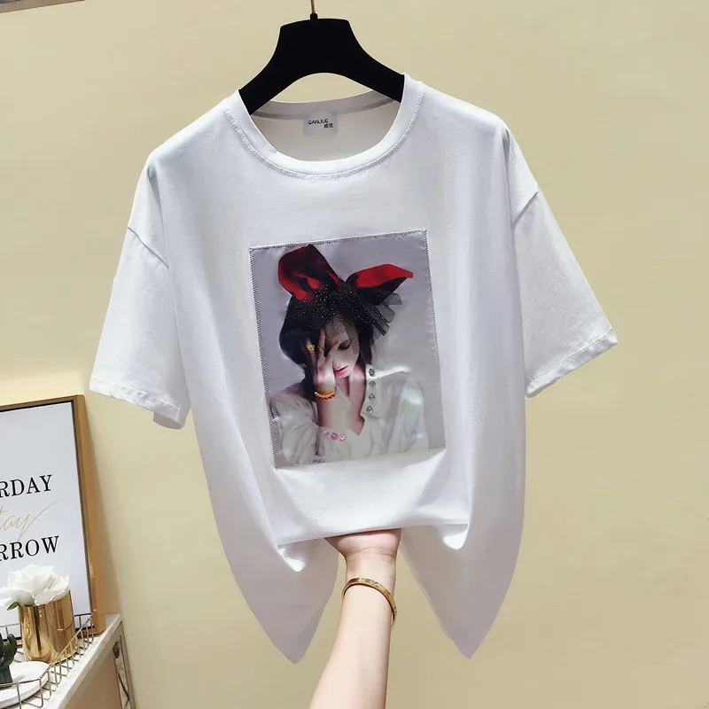 4XL/2019 Новая Летняя женская футболка с короткими рукавами и бусинами бантом