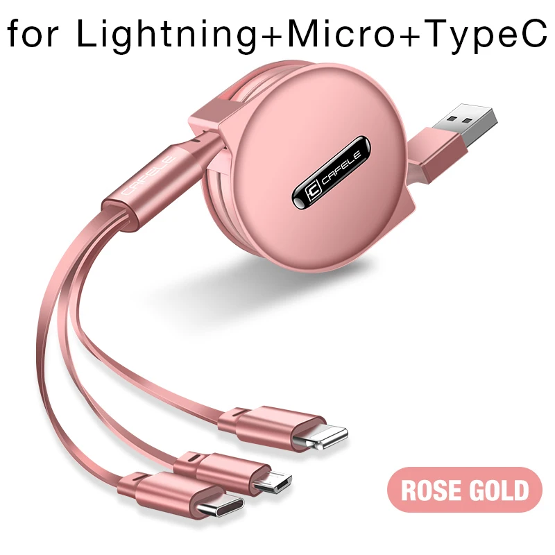 L-M-T-Rose Gold Cafele 3 в 1 Выдвижной USB кабель для iPhone Micro usb type C плоский кабель Быстрая зарядка для iPhone кабель+ Micro USB+ type-C - Цвет: L-M-T-Rose Gold