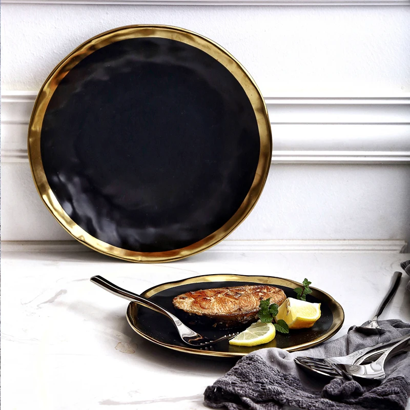 Ceramic Dishes Plates Creative Gold Side Black Matte Steak Dessert Tray Kitchen Dinner European Style Retro Tableware | Дом и сад