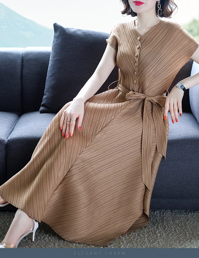 Changpleat летнее Новое плиссированное платье Miyak с v-образным вырезом, модное однотонное тонкое платье с эластичной резинкой на талии, большие размеры, женские платья с поясом, D9869