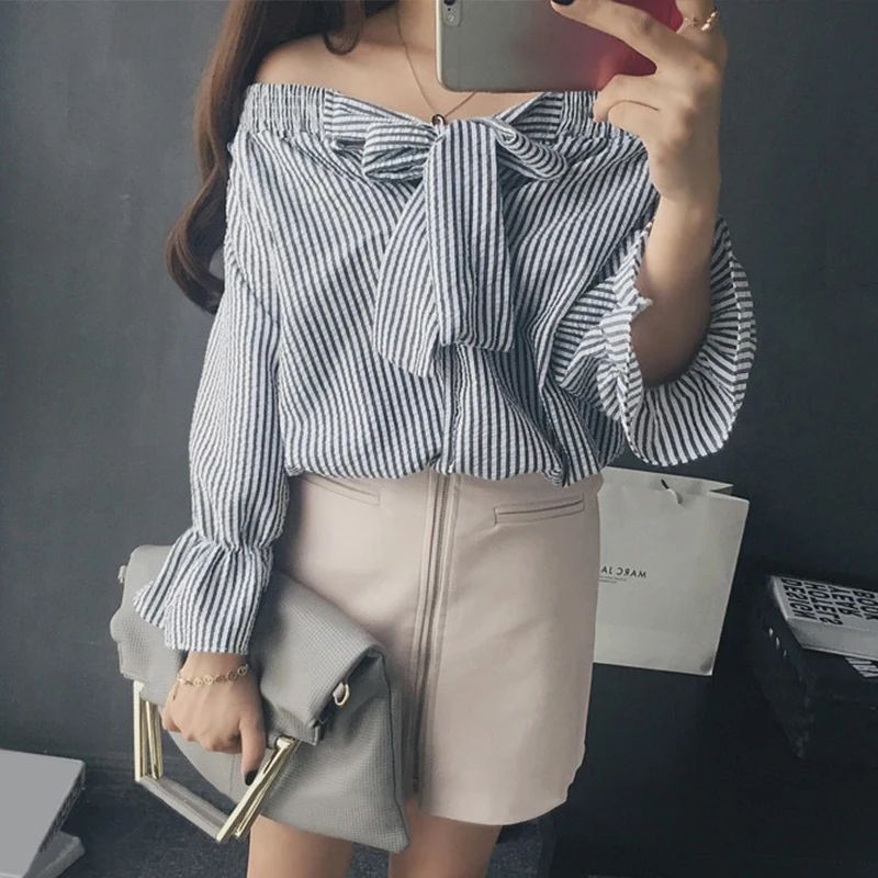 Новая модная летняя Осенняя Сексуальная Блузка с вырезом лодочкой и бантом