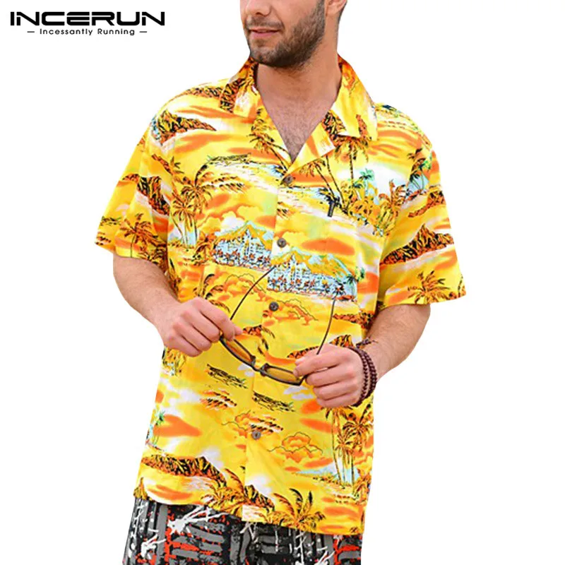 Yellow Брендовые желтые мужские рубашки Camisa, футболка с цветочным рисунком, пляжная одежда, короткий рукав, воротник с лацканами, свободная пуговица, гавайская мужская одежда - Цвет: Yellow