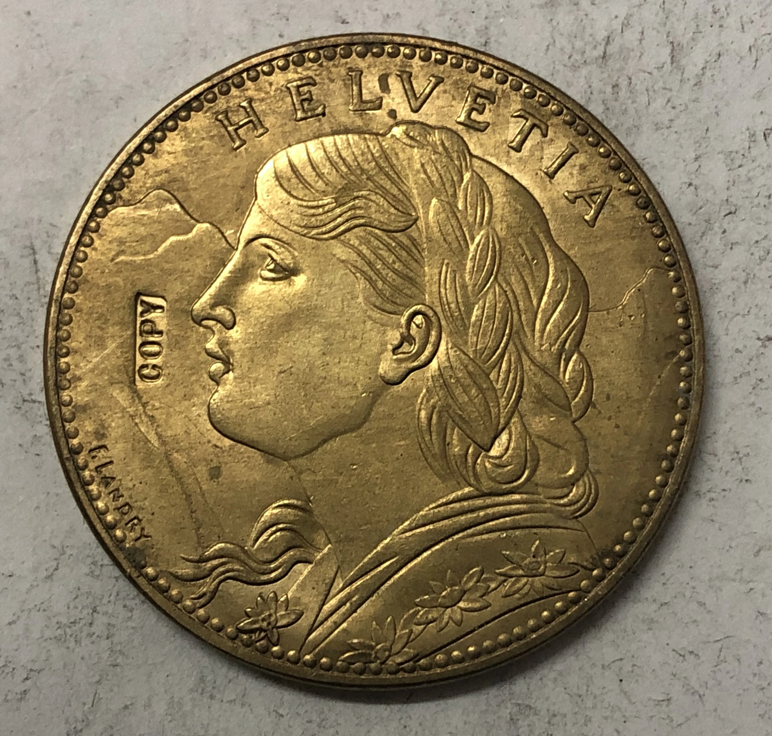 

1925-B Switzerland 100 Francs Essai Pattern Brass Copy Coin