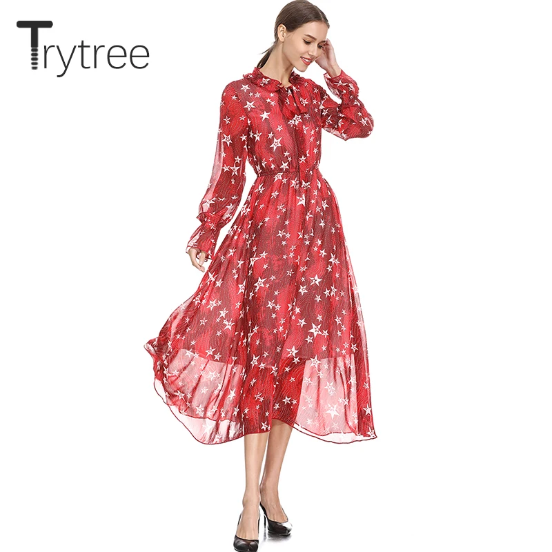 Trytree лето осень платье повседневное полиэстер принт звезда женские платья Бант