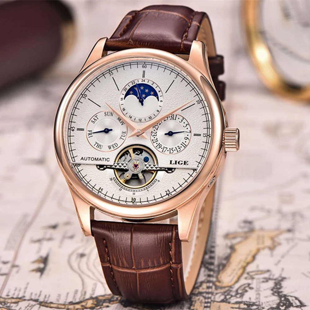 2017 повседневные мужские часы люксовый Топ бренд LIGE спортивные кожаные золотые