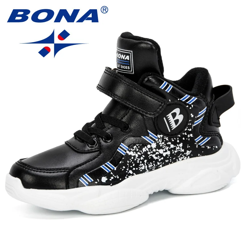 Black white BONA/Новинка года; детская обувь; Модная Повседневная дышащая обувь с высоким берцем для мальчиков; нескользящий светильник; Детские кроссовки; удобная обувь для девочек - Цвет: Black white