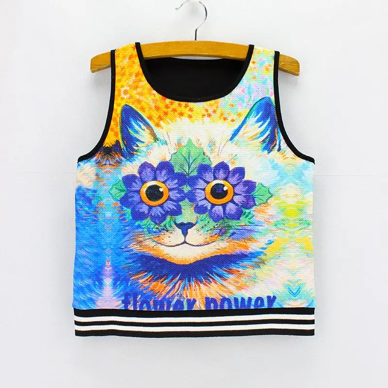 Новинка 2016 г. укороченные футболки с цветочным принтом и котом Новое поступление