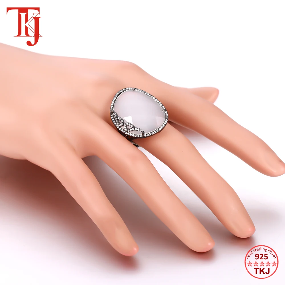 TKJ Fine Jewelry Wedding Engagement Ring 100% Real 925 Sterling Silver Rings Grey Agate For Women Party | Украшения и аксессуары