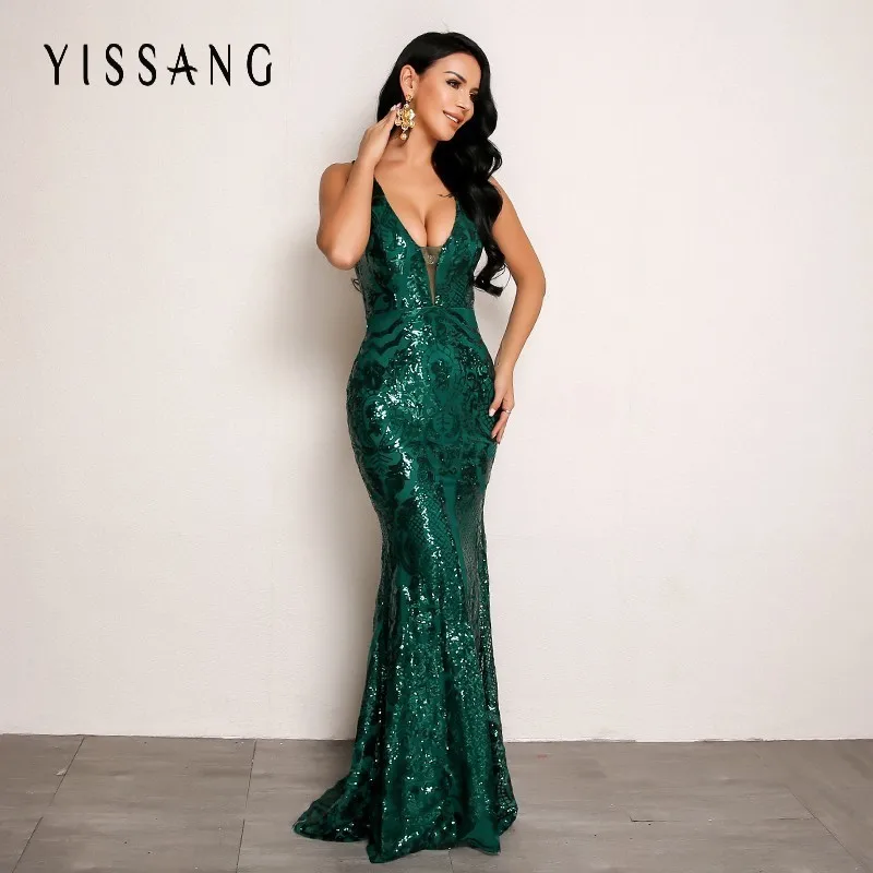 Yissang Новое Сексуальное женское длинное платье летнее платье с глубоким v-образным вырезом без рукавов однотонное платье с блестками для вечеринки женские платья