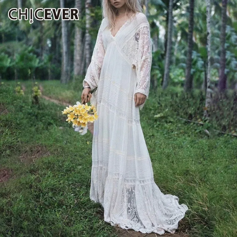 Женское платье с кружевной вышивкой CHICEVER летнее треугольным вырезом и широким