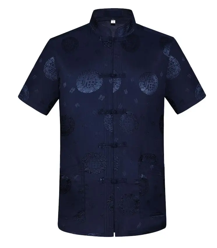 navyblue 2 Плюс размер 4XL Лето Кунг-фу Рубашка Блузка мужская с коротким рукавом Традиционный китайский костюм Тан Топ Мужской Тай Чи униформа - Цвет: navyblue 2
