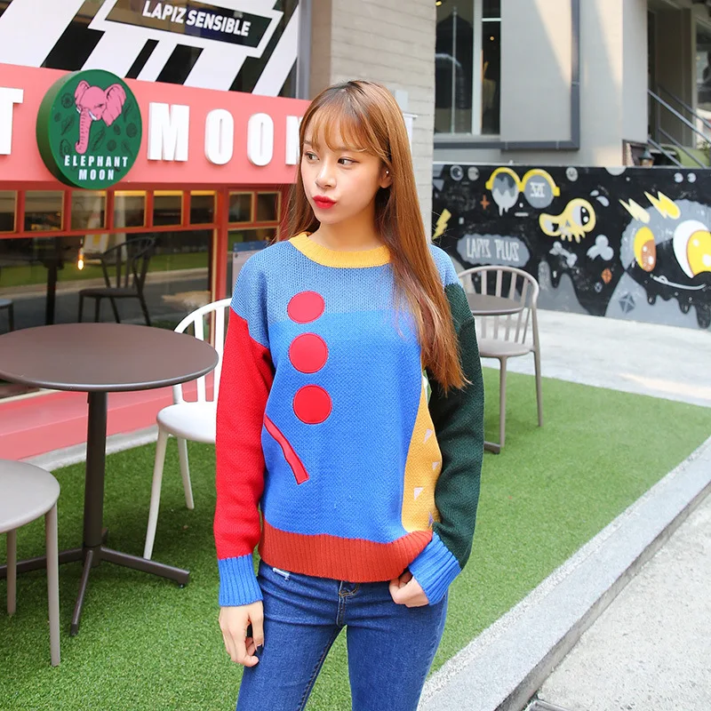 High Quality Women Thick Sweater Autumn Winter New 2017 O Neck Harajuku Colorful Stitching Oversized Knitted Tops Men Sweaters | Женская
