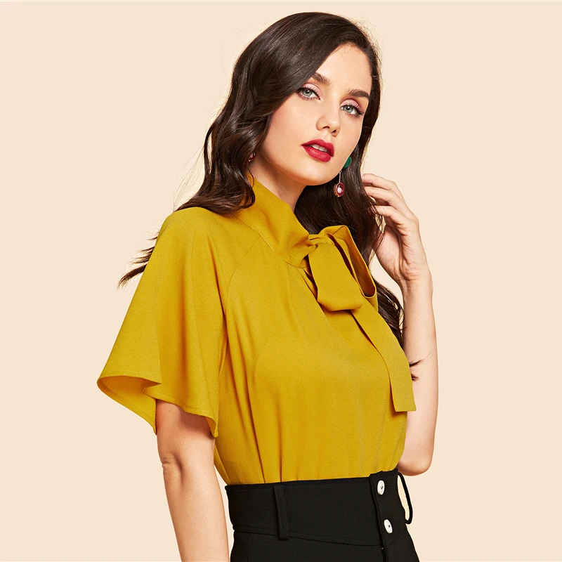 SHEIN Яркий Топ С Бантом И Рукавами Флаттерами, Нарядная Офисная Блузка