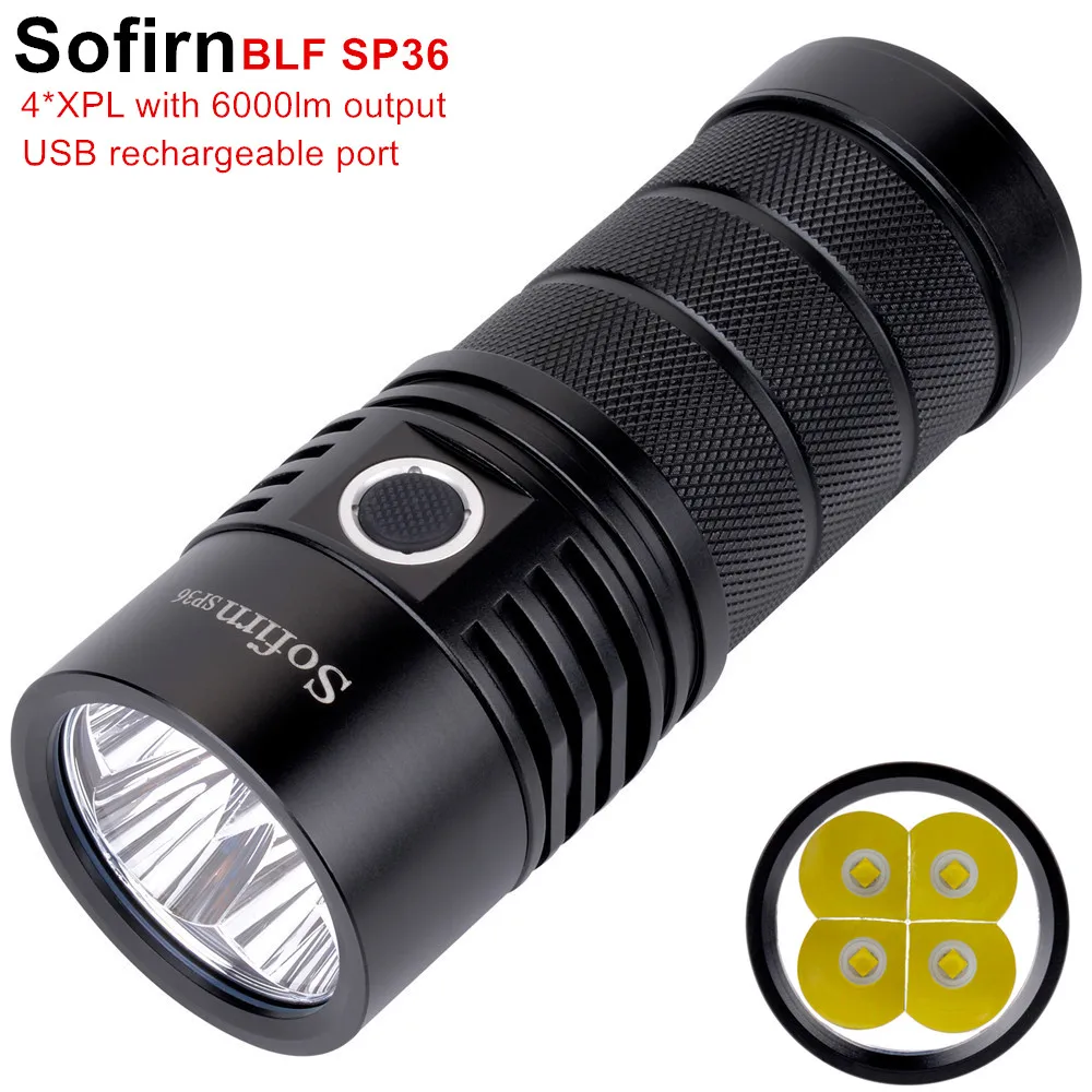 Barato Sofirn-Potente Linterna LED BLF SP36 Recargable Por USB, Antorcha De Iluminación Superbrillante Para Múltiples Tareas, Con 6000LM, 4 X XPL2, 18650, Narsilm V1.2