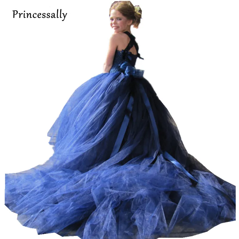 Темно синее Цветочное платье для девочек со шлейфом пачка Тюлевое детское