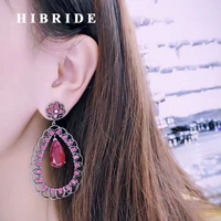 hibride luxury design dubai jewelry big flower red cubic zircon drop earring for women black gun plated earrings brinco e 482